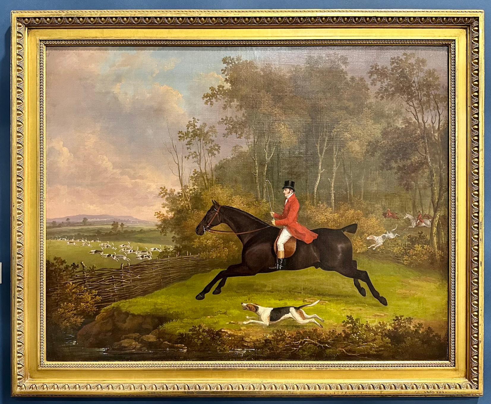 James Barenger Landscape Painting - Antique English 19th century, Fox huntsman and hounds in a landscape. 