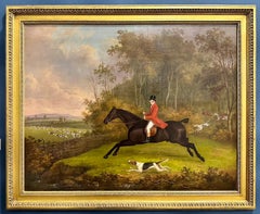 Antique Angleterre du 19ème siècle, chasseur de renard et chiens de chasse dans un paysage. 