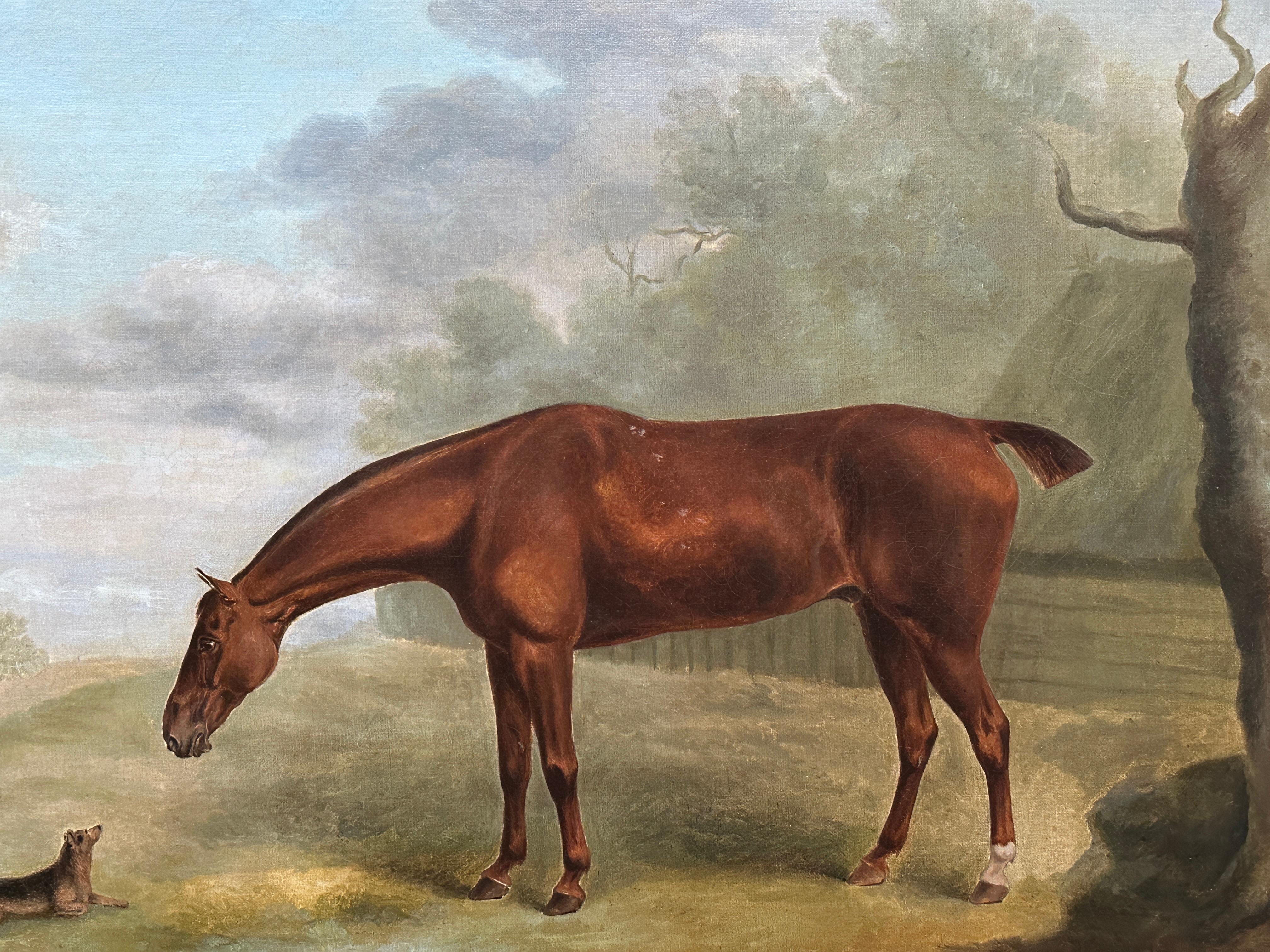 Antique English 19th century Horse, Hunter with terrier in a landscape.  - Painting by James Barenger