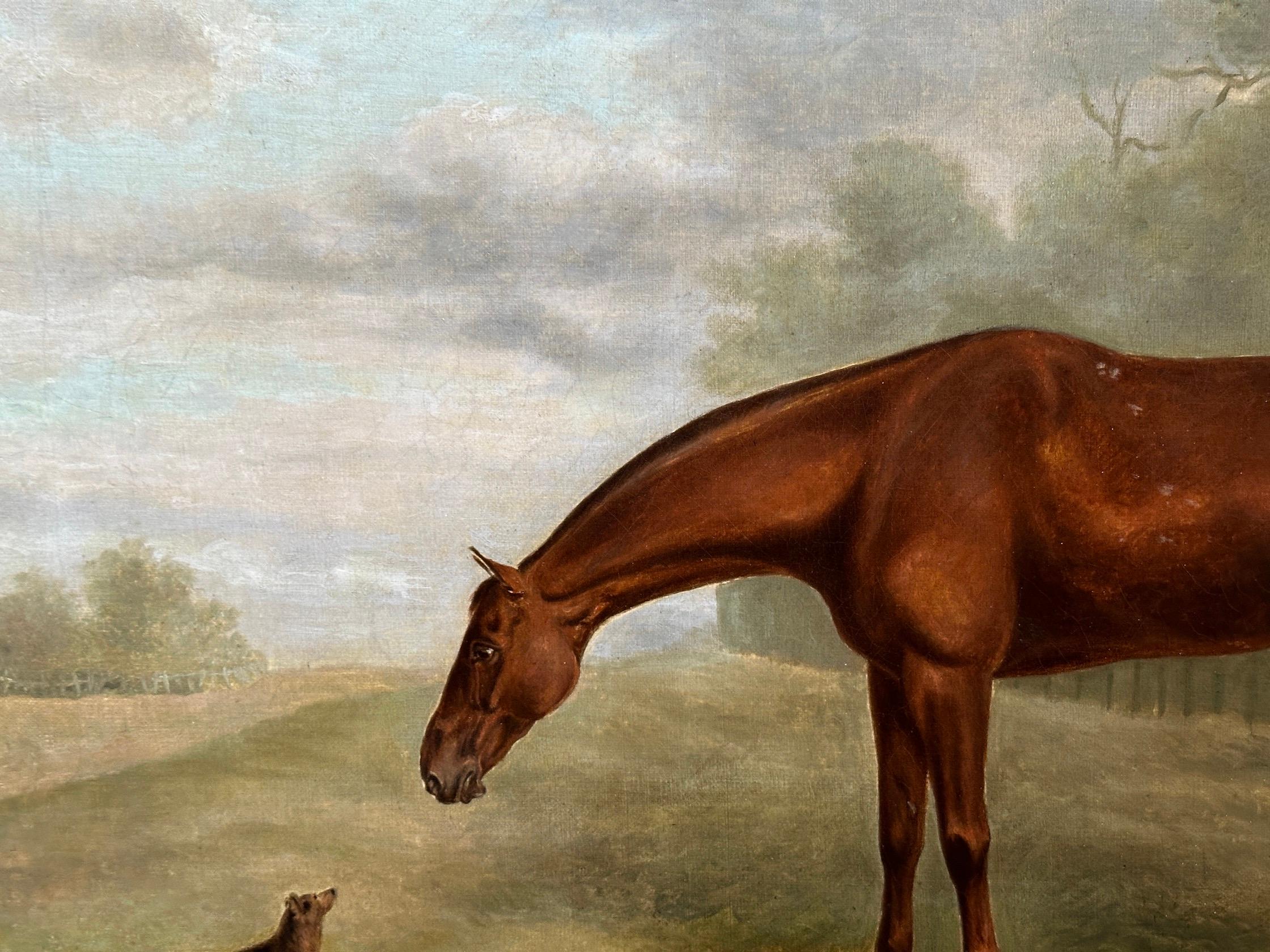 Antique English 19th century Horse, Hunter with terrier in a landscape.  - Victorian Painting by James Barenger