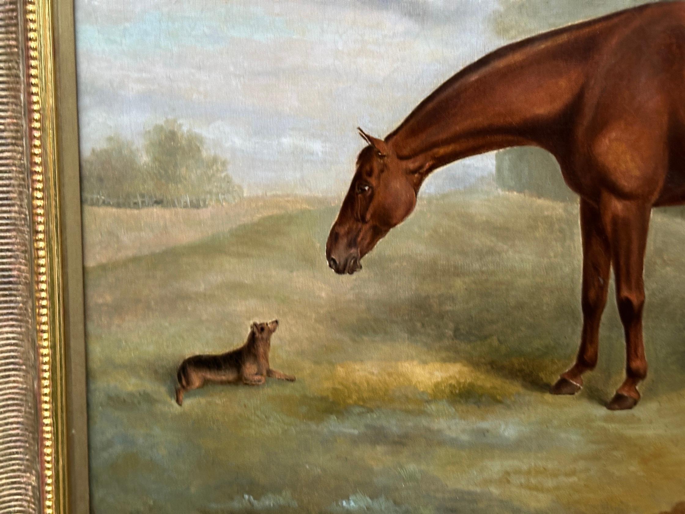 Antique English 19th century Horse, Hunter with terrier in a landscape.  - Brown Animal Painting by James Barenger