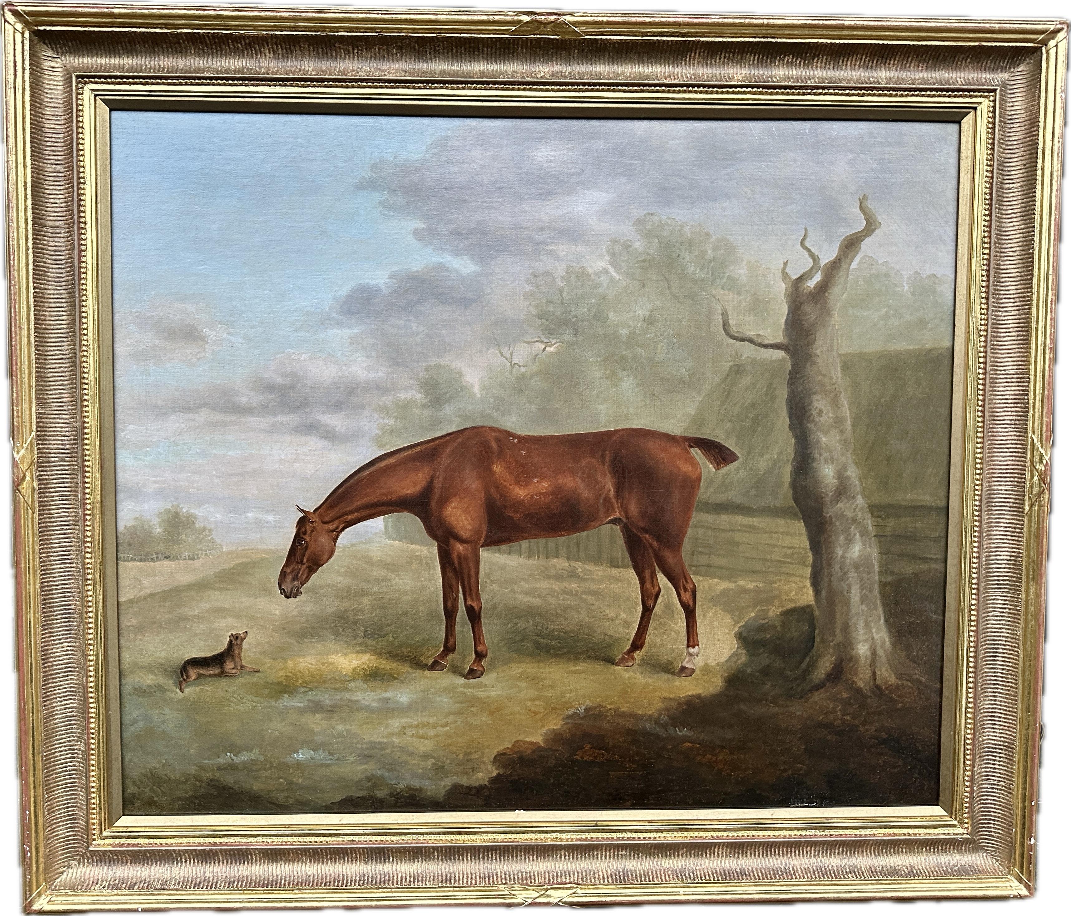 Antique English 19th century Horse, Hunter with terrier in a landscape. 