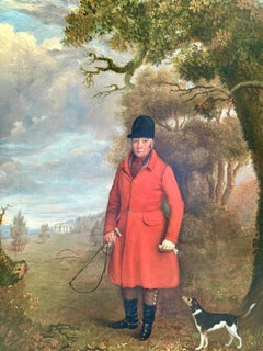 English portrait of a Fox Huntsman in Red with his Jack Russell in a landscape