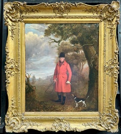 English portrait of a Fox Huntsman in Red with his Jack Russell in a landscape