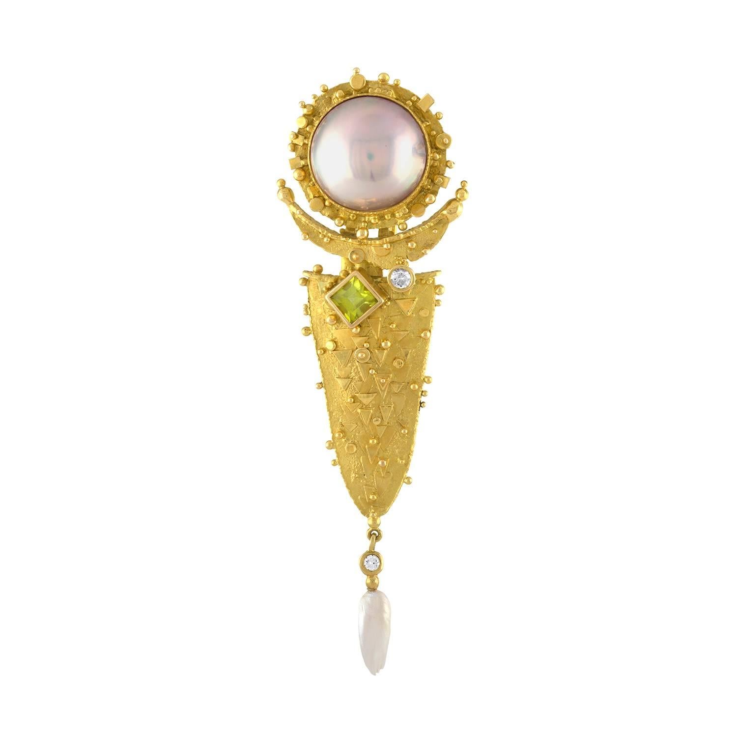 James Barker Mabe Pearl Peridot Diamond Gold Brooch For Sale