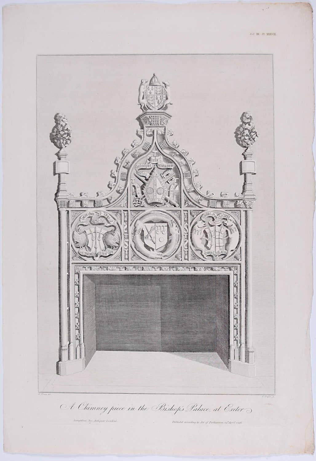 James Basire: Kaminsims mit Gravur des Bischofspalastes von Exeter, England 1796 im Angebot 1