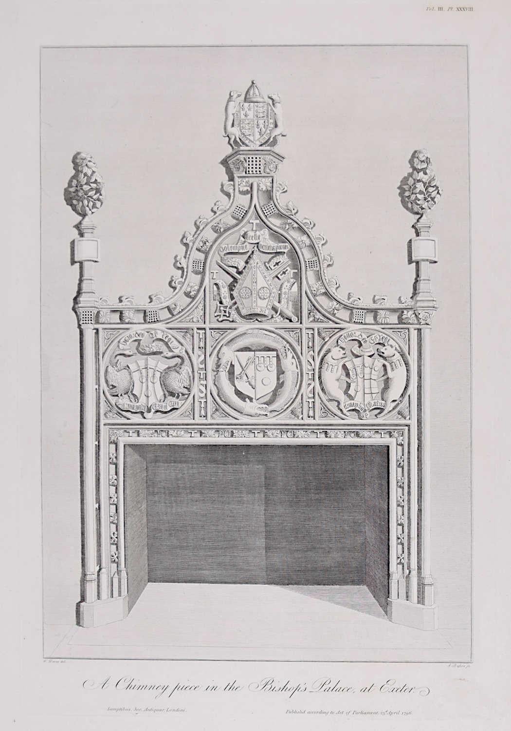James Basire engraving Bishop's Palace Exeter England 1796 Chimneypiece