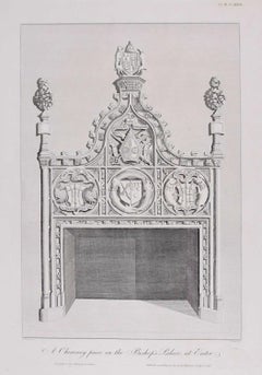 Antique James Basire engraving Bishop's Palace Exeter England 1796 Chimneypiece
