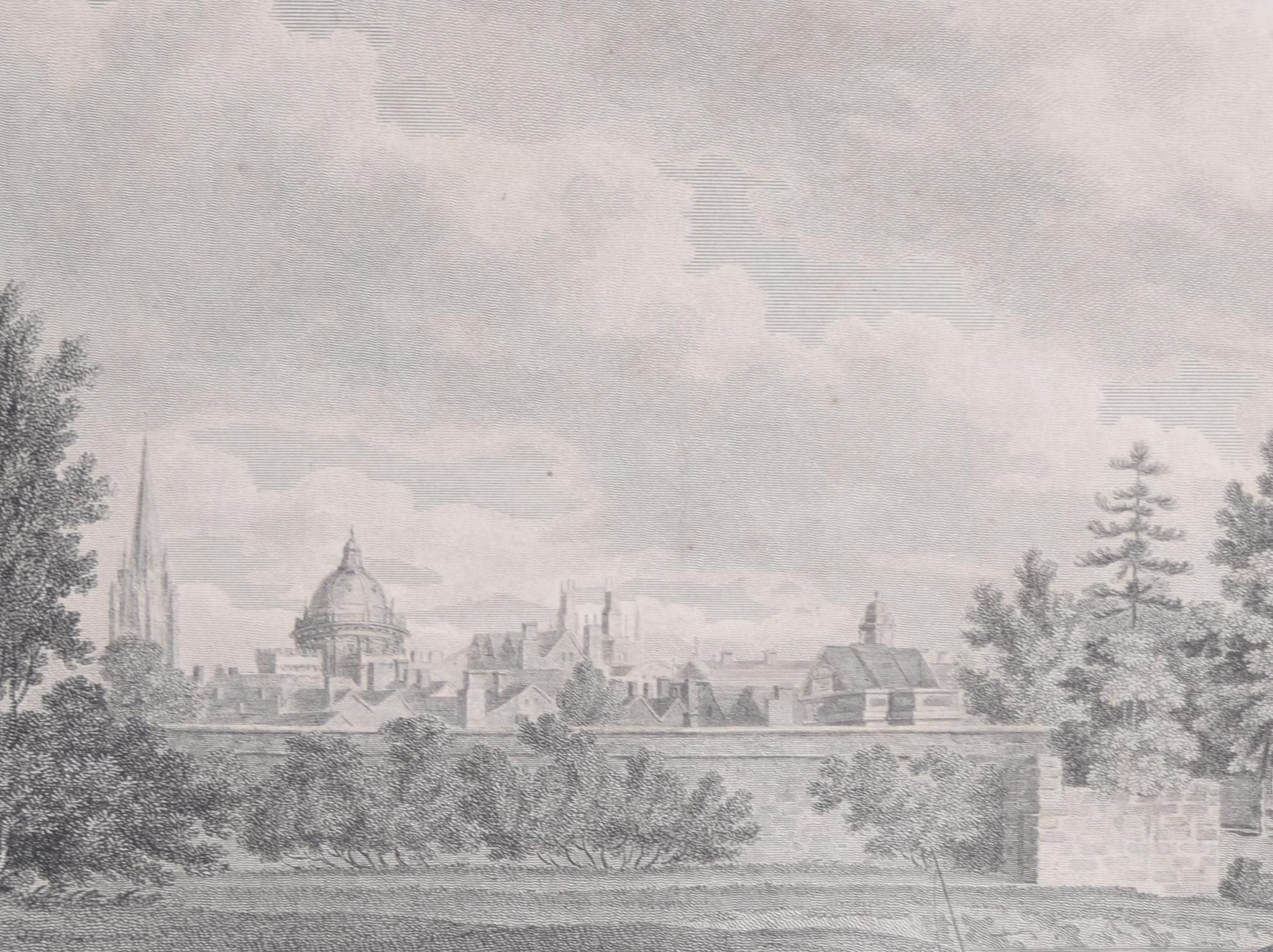 Magdalen College, Oxford Tower and Bridge 18th century engraving by James Basire For Sale 2