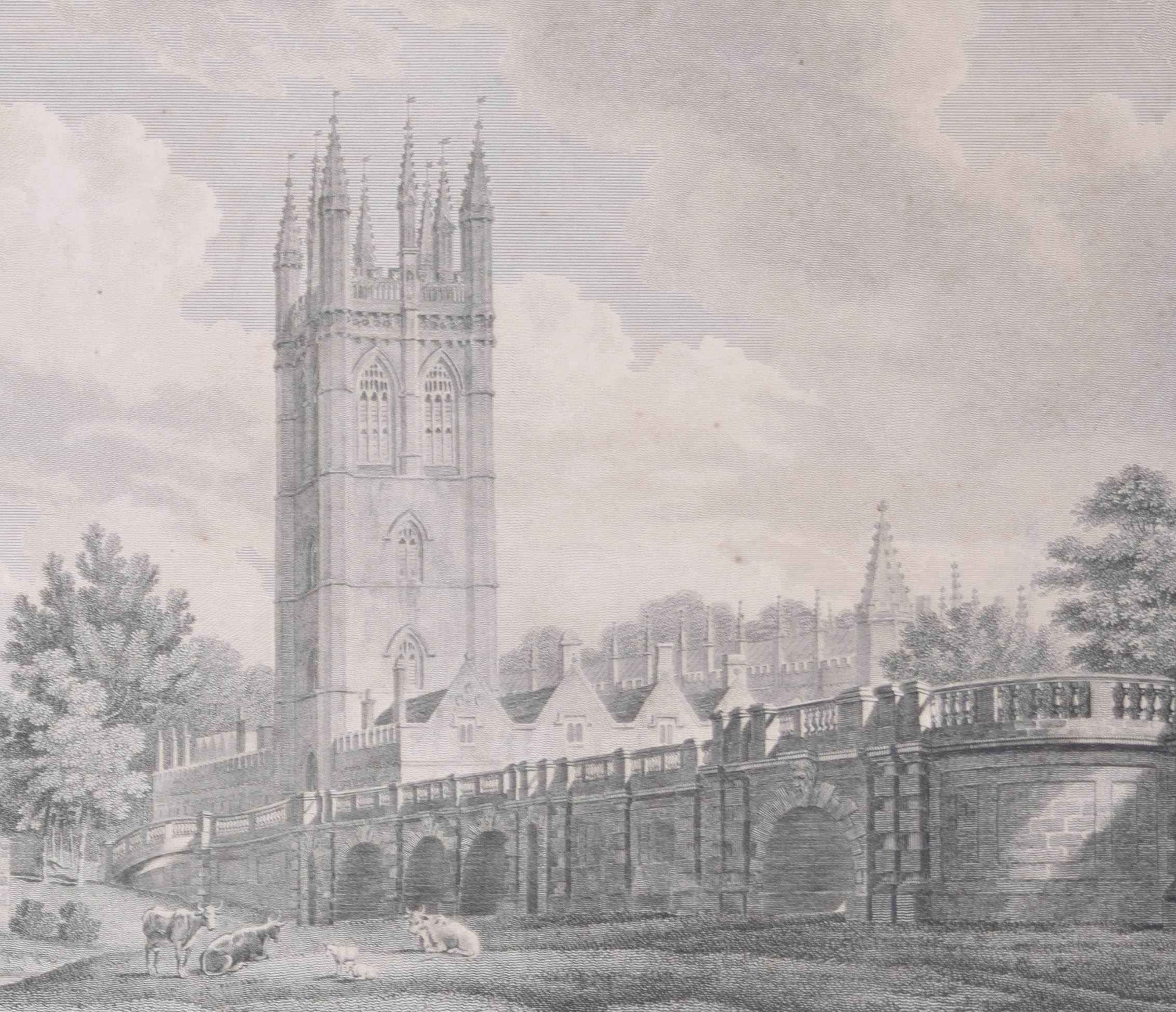 Magdalen College, Oxford Tower and Bridge 18th century engraving by James Basire For Sale 3