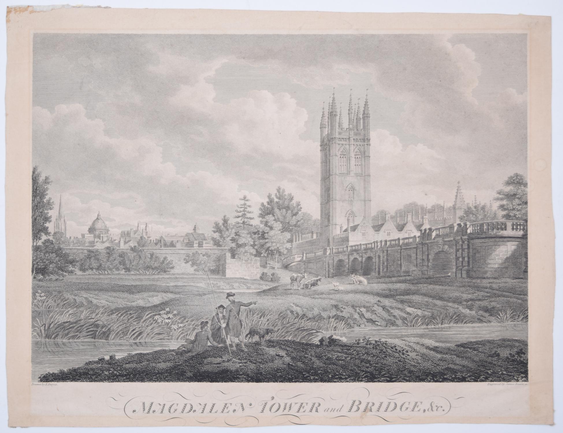 Magdalen College, Oxford Tower and Bridge 18th century engraving by James Basire