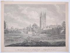 Antique Magdalen College, Oxford Tower and Bridge 18th century engraving by James Basire