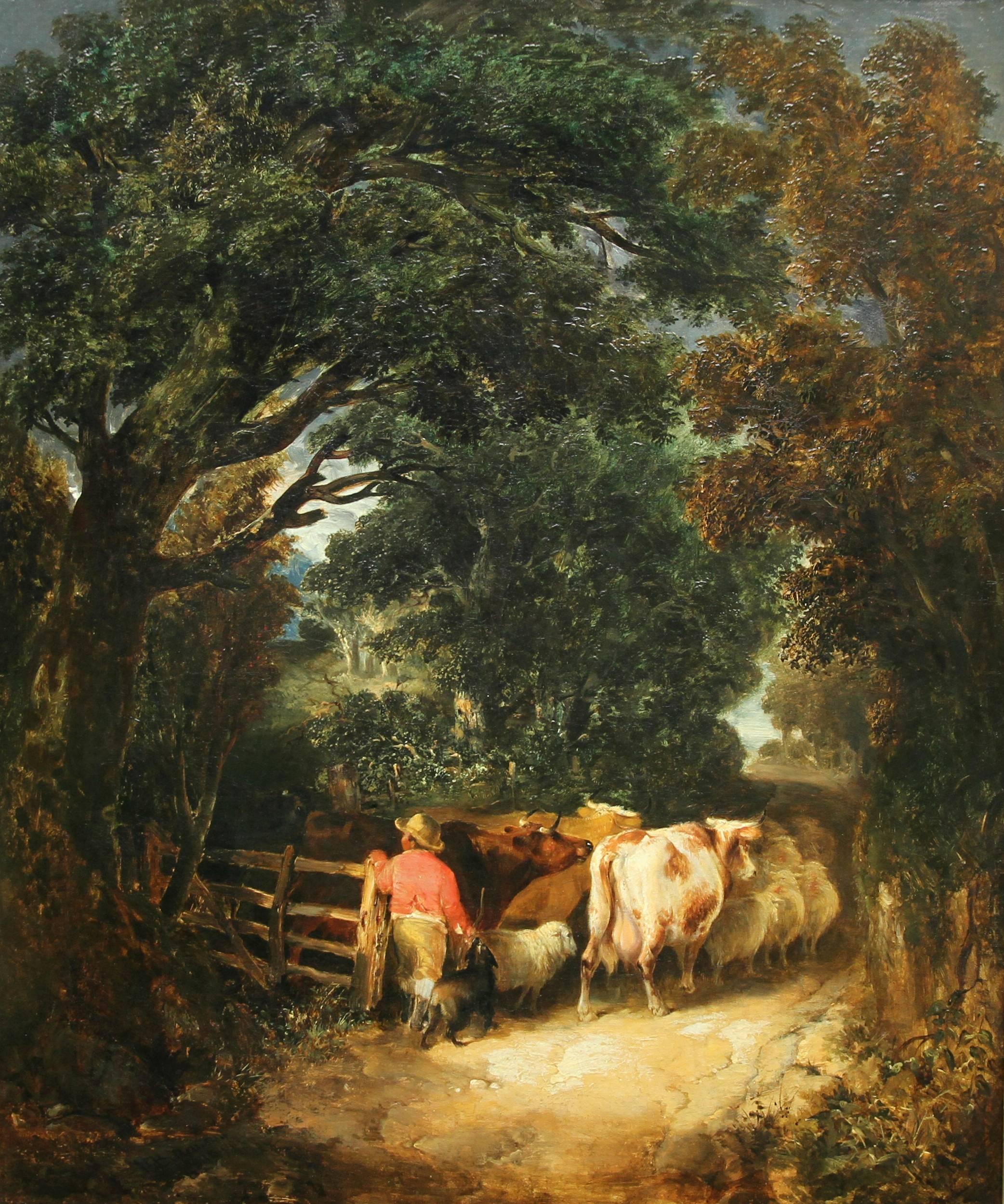 Country Lane, Cattle Going Home - Victorian art British landscape oil painting - Painting by James Bateman