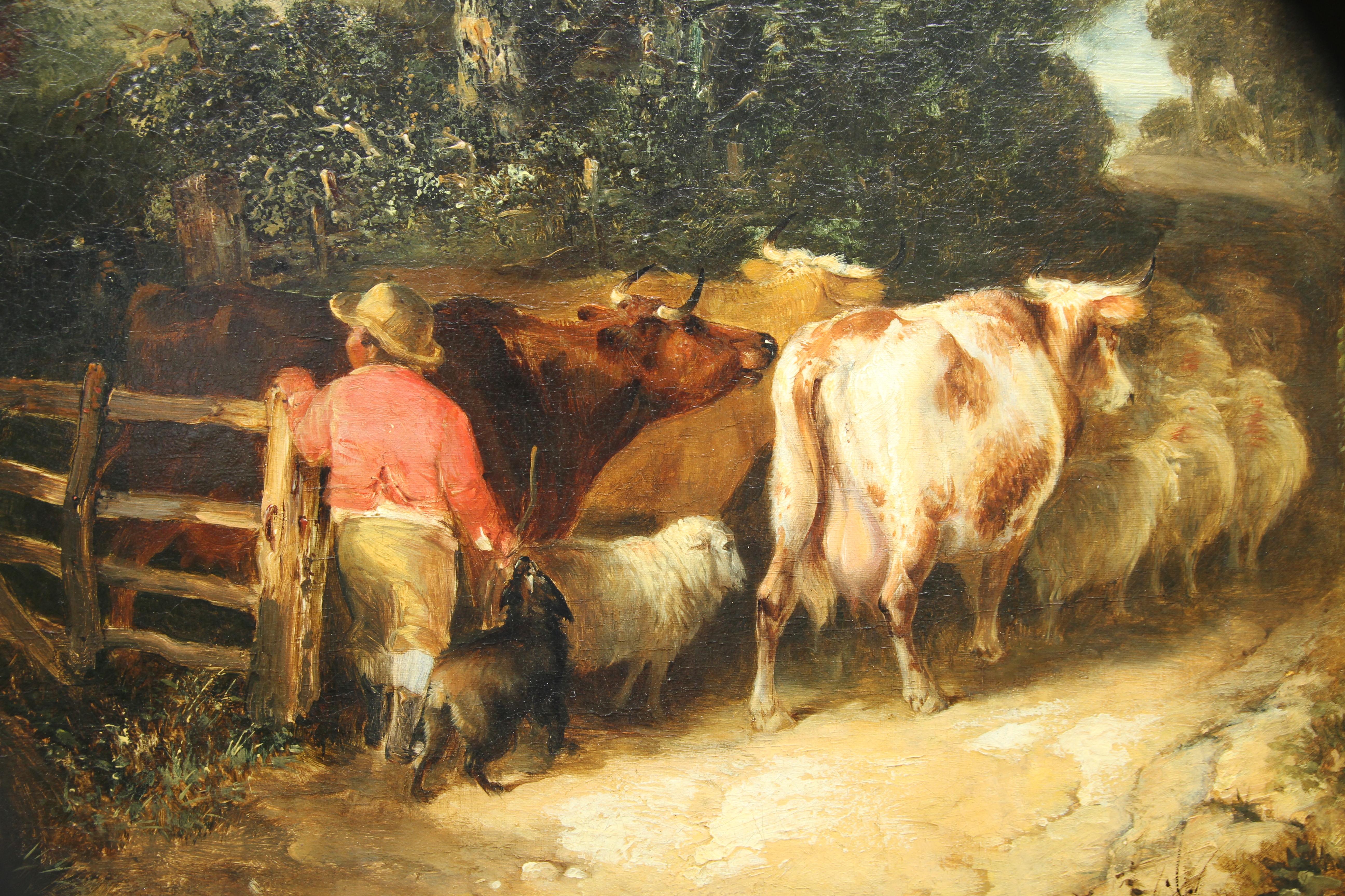Country Lane, Cattle Going Home - Victorian art British landscape oil painting - Brown Animal Painting by James Bateman
