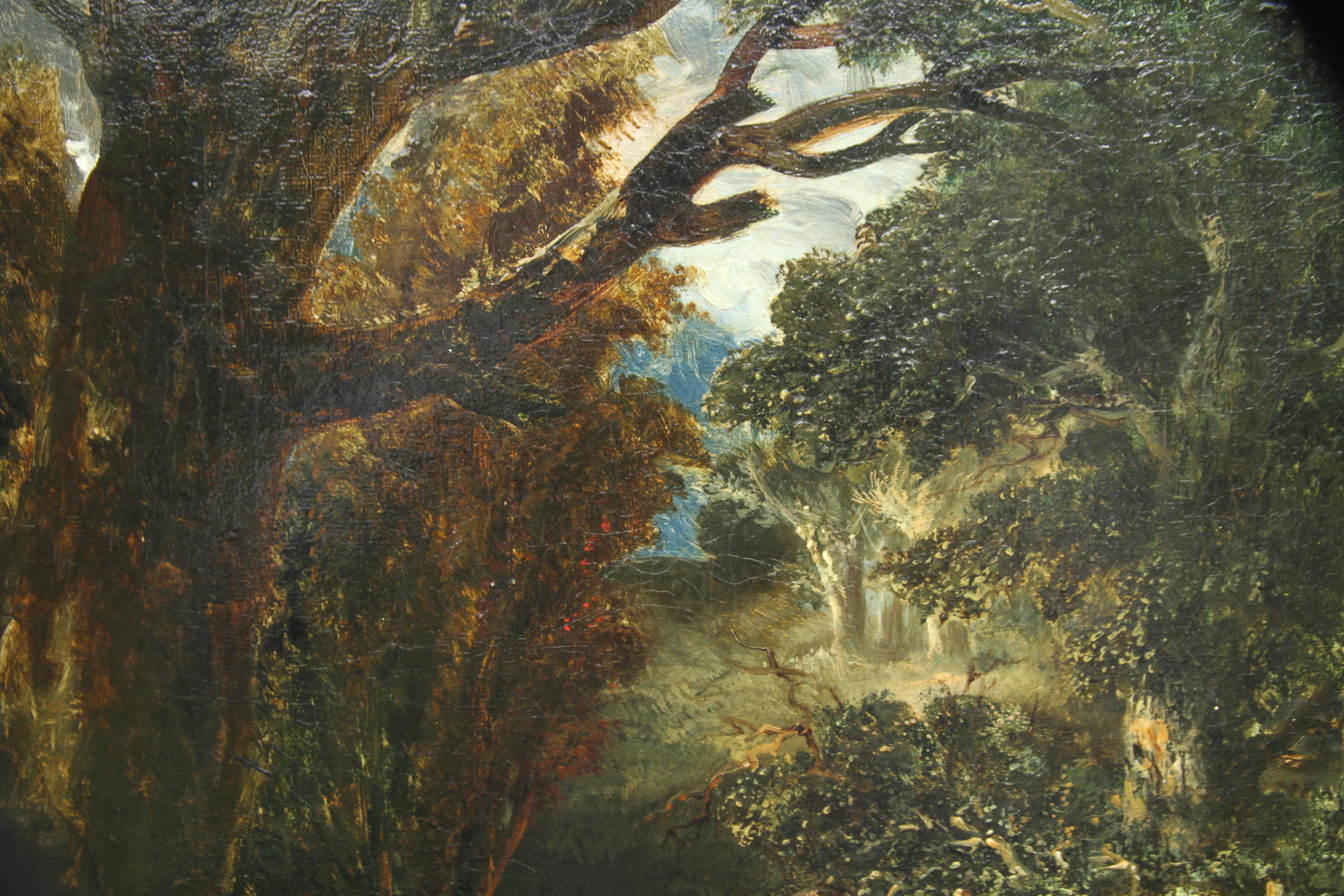 A fine oil on canvas by a noted, Victorian, British listed artist James Bateman. Painted in 1844, it is signed and dated lower right and was exhibited at The Royal Society of British Artists in 1845 no 380. It is a superb landscape pastoral with all
