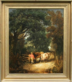 Antique Country Lane, Cattle Going Home - Victorian art British landscape oil painting