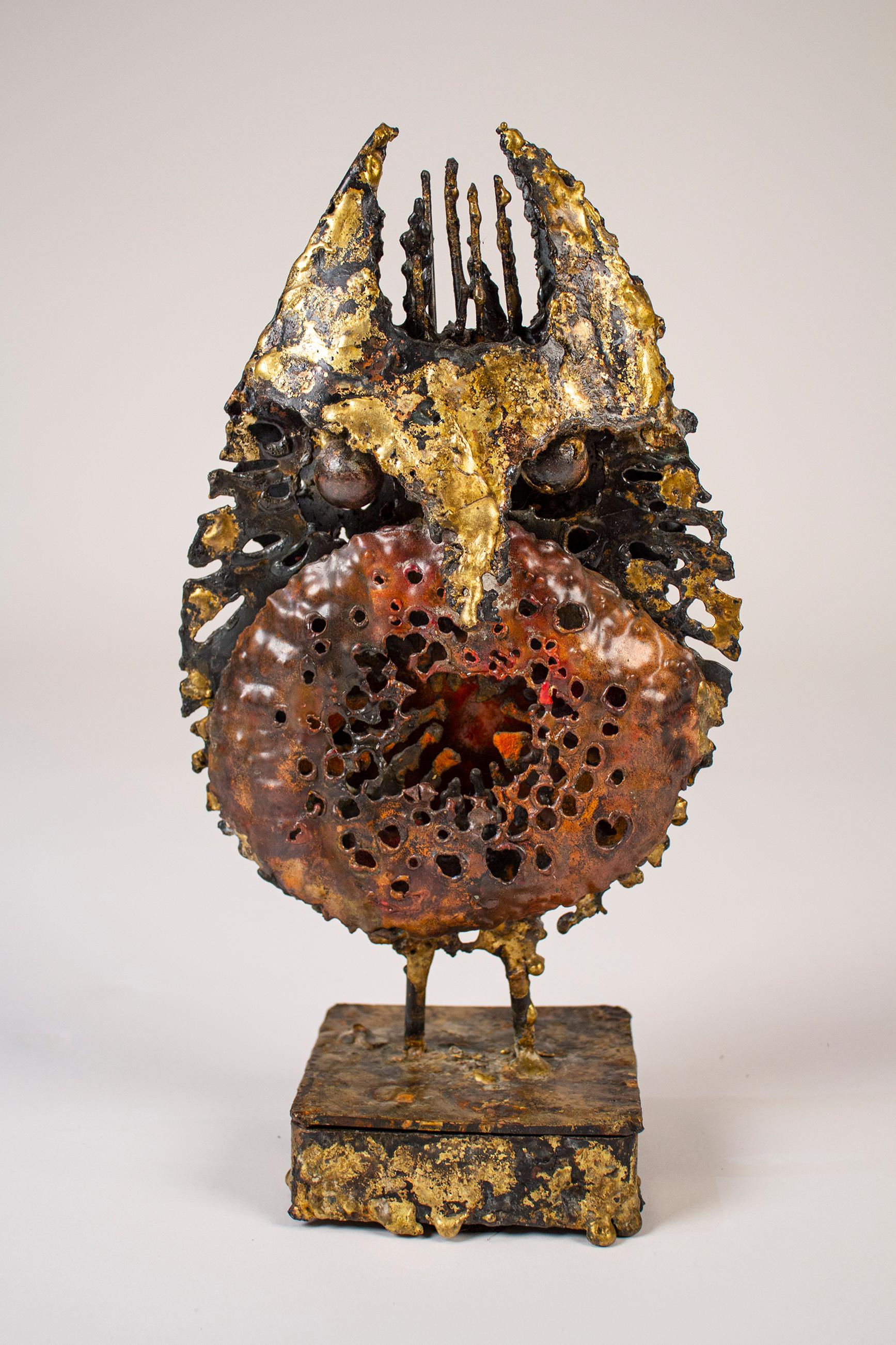 Amazing brutalist owl sculpture with felt lined stash box hidden in the base by renowned Iowa abstract artist James Anthony Bearden from his Animal Series.