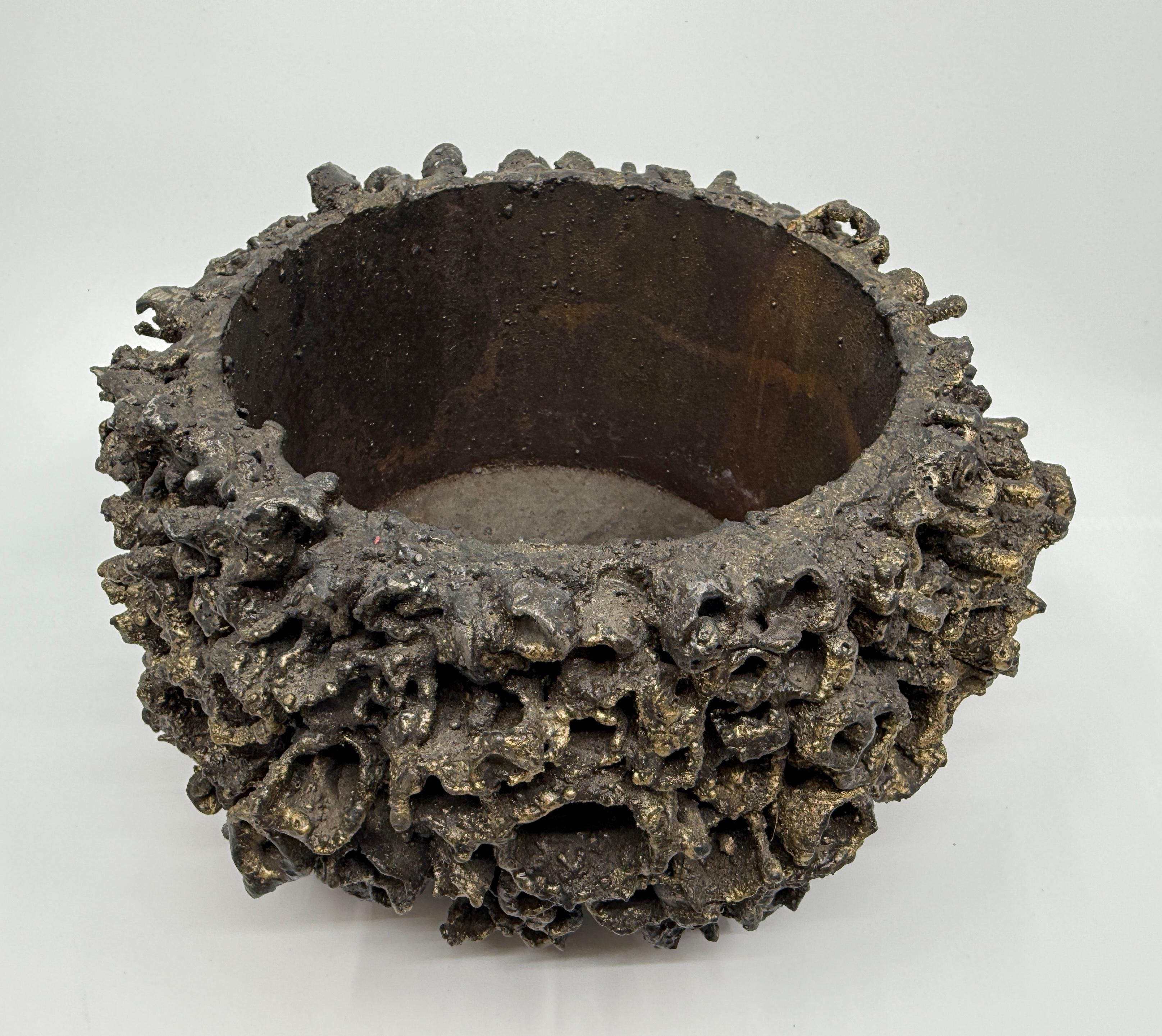 Ein atemberaubendes Gefäß aus gebranntem Stahl und geschmolzener Bronze von dem bekannten Künstler James Bearden aus Des Moines, Iowa. Dieses Werk ist Teil der Spore-Serie des Künstlers, und wir sind in der glücklichen Lage, einige seiner Kunstwerke