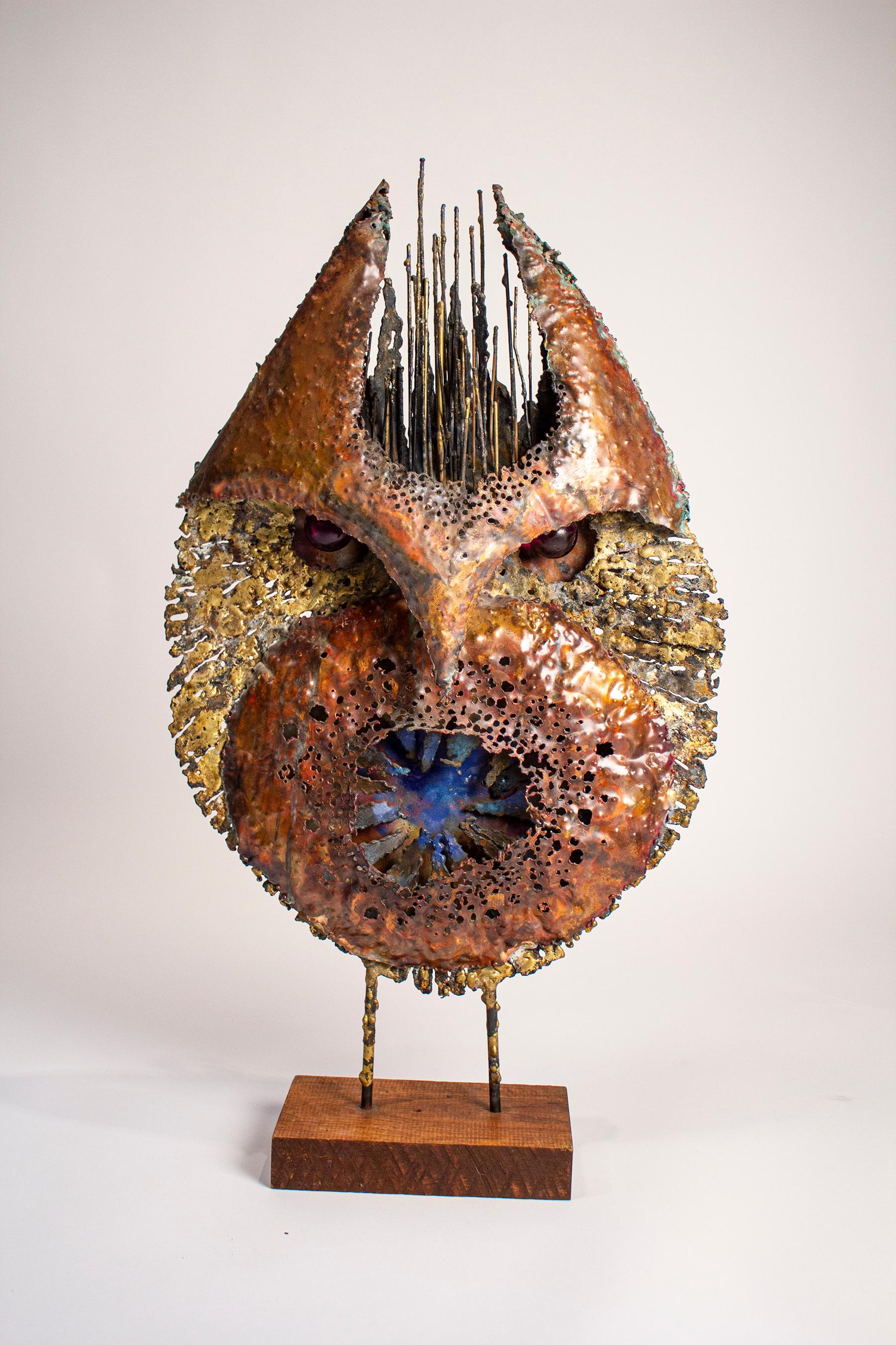 Amazing large scale brutalist owl sculpture with glass eyes and beautiful enamel coloration by renowned Iowa abstract artist James Anthony Bearden from his Animal Series. We also have the smaller Owl pictured available in a separate listing. We have