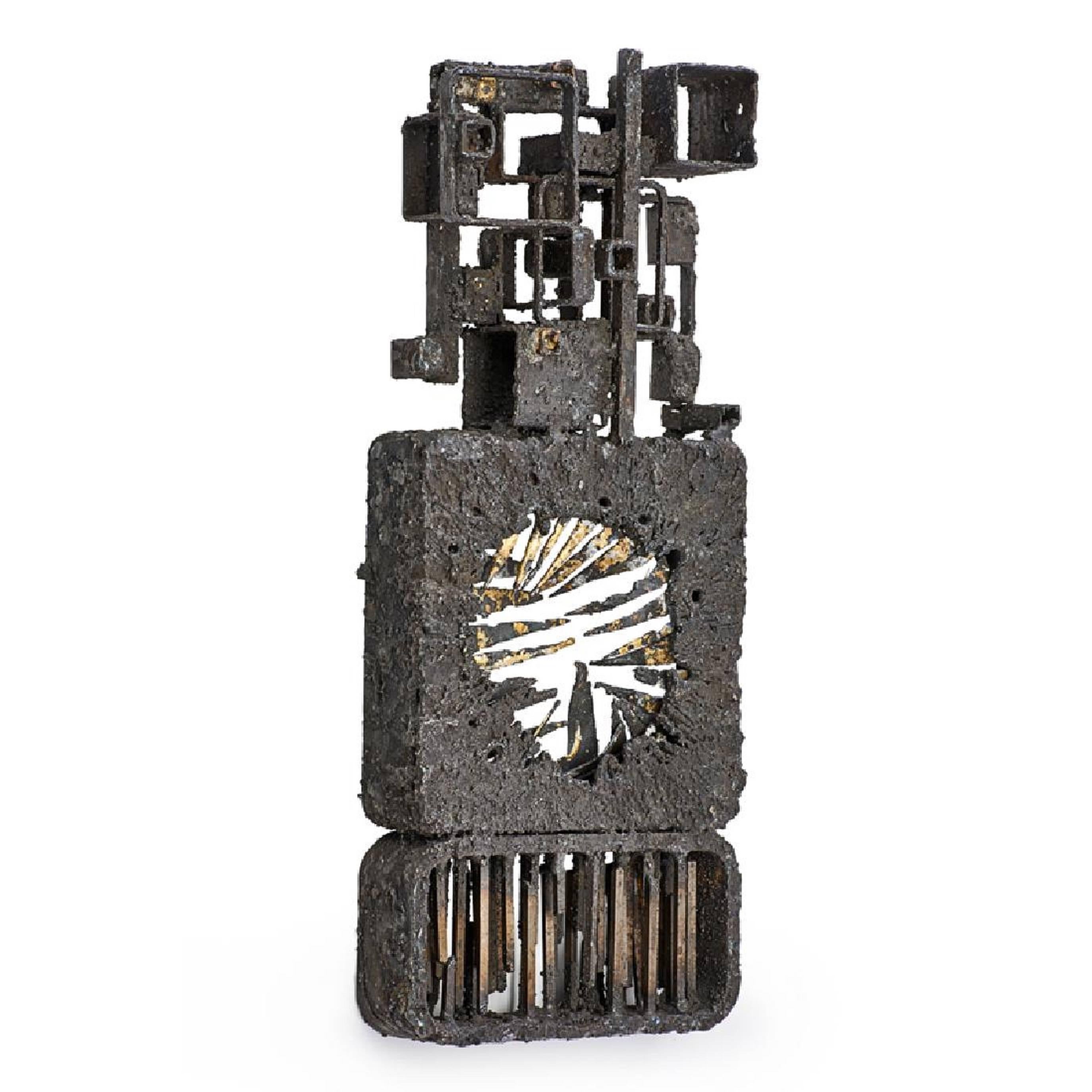 Scultura astratta brutalista, acciaio dorato e bronzo James Bearden American Mod