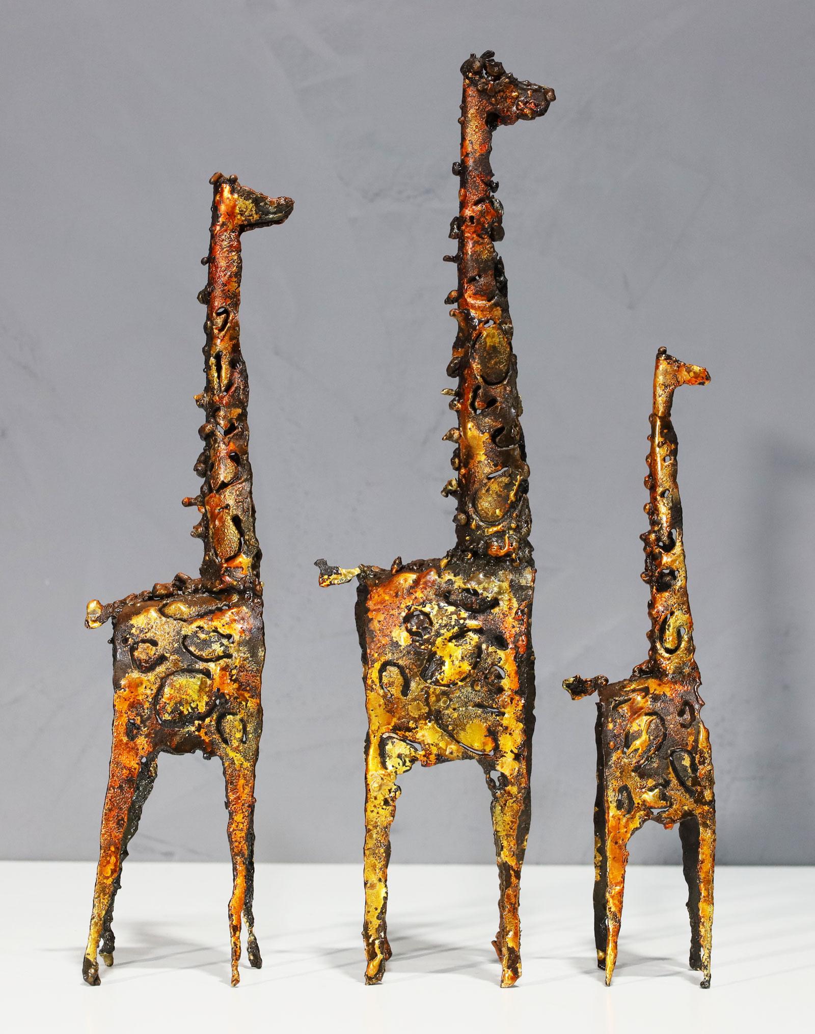 American James Bearden Trio of Brutalist Metal Giraffe Sculptures, Signed For Sale