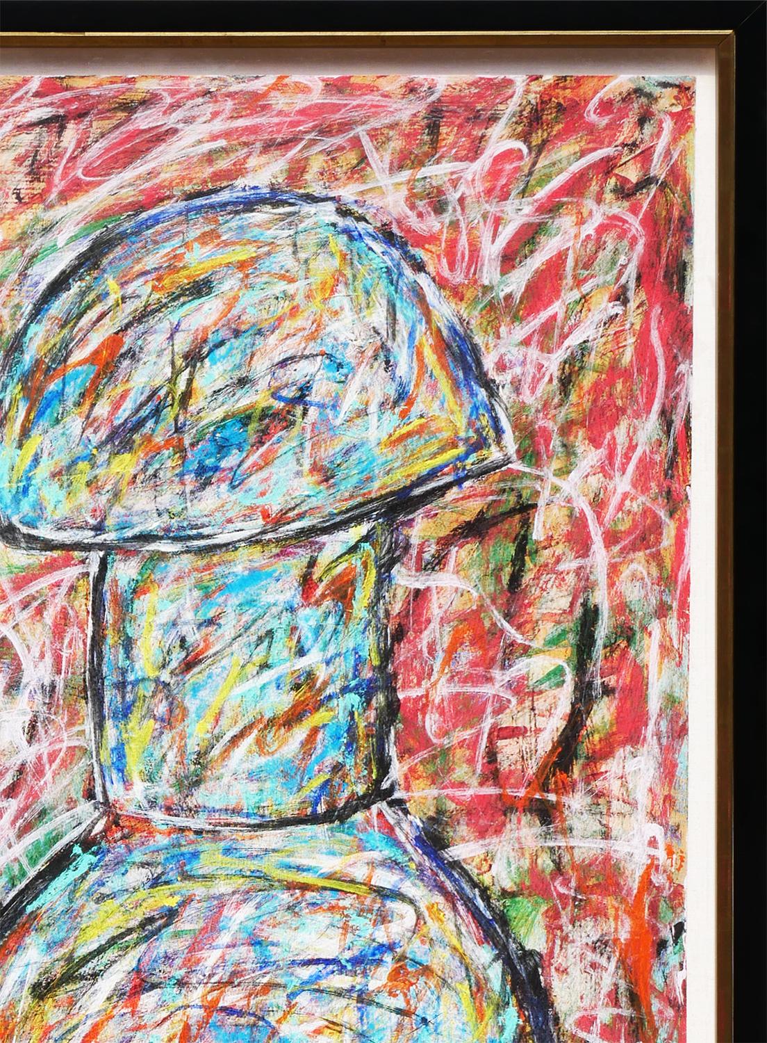 Modernes abstraktes expressionistisches Gemälde des Künstlers James Bettison aus Houston, TX. Das Werk zeigt in der Mitte eine lockere Darstellung einer blauen und gelben Vase oder eines Gefäßes vor einem rot gefärbten Hintergrund. Derzeit in einem