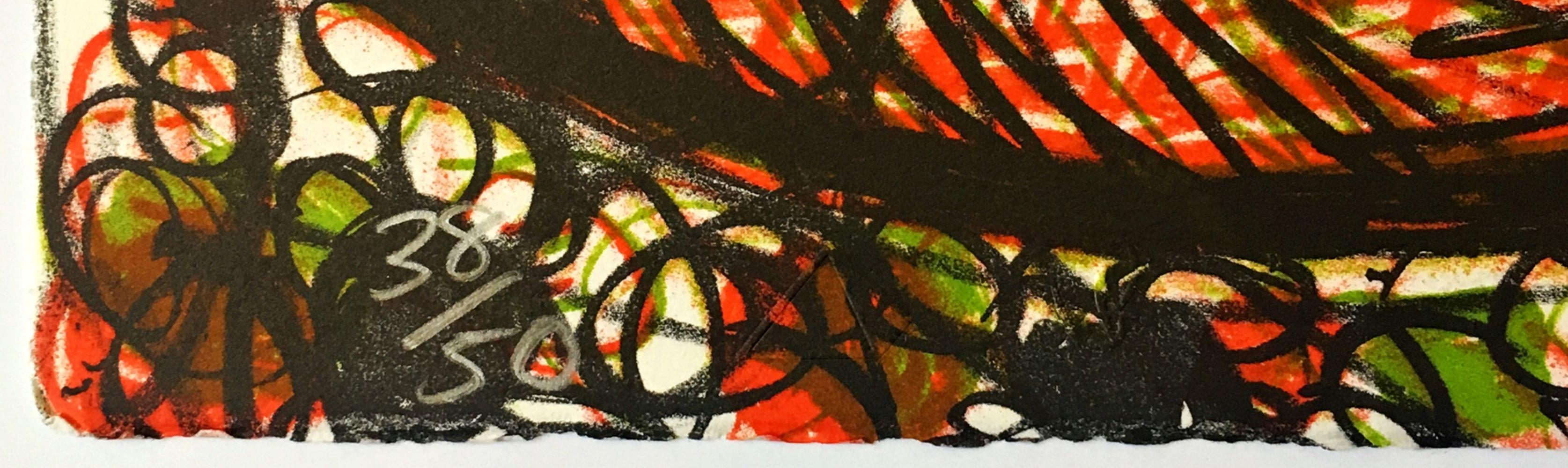 Senza titolo, stampa xilografica espressionista, dal portfolio Art Against AIDS - Print di James Bettison