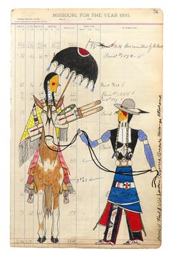 Cheyenne Man with Woman on Horseback, Contemporary Ledger Drawing Figures