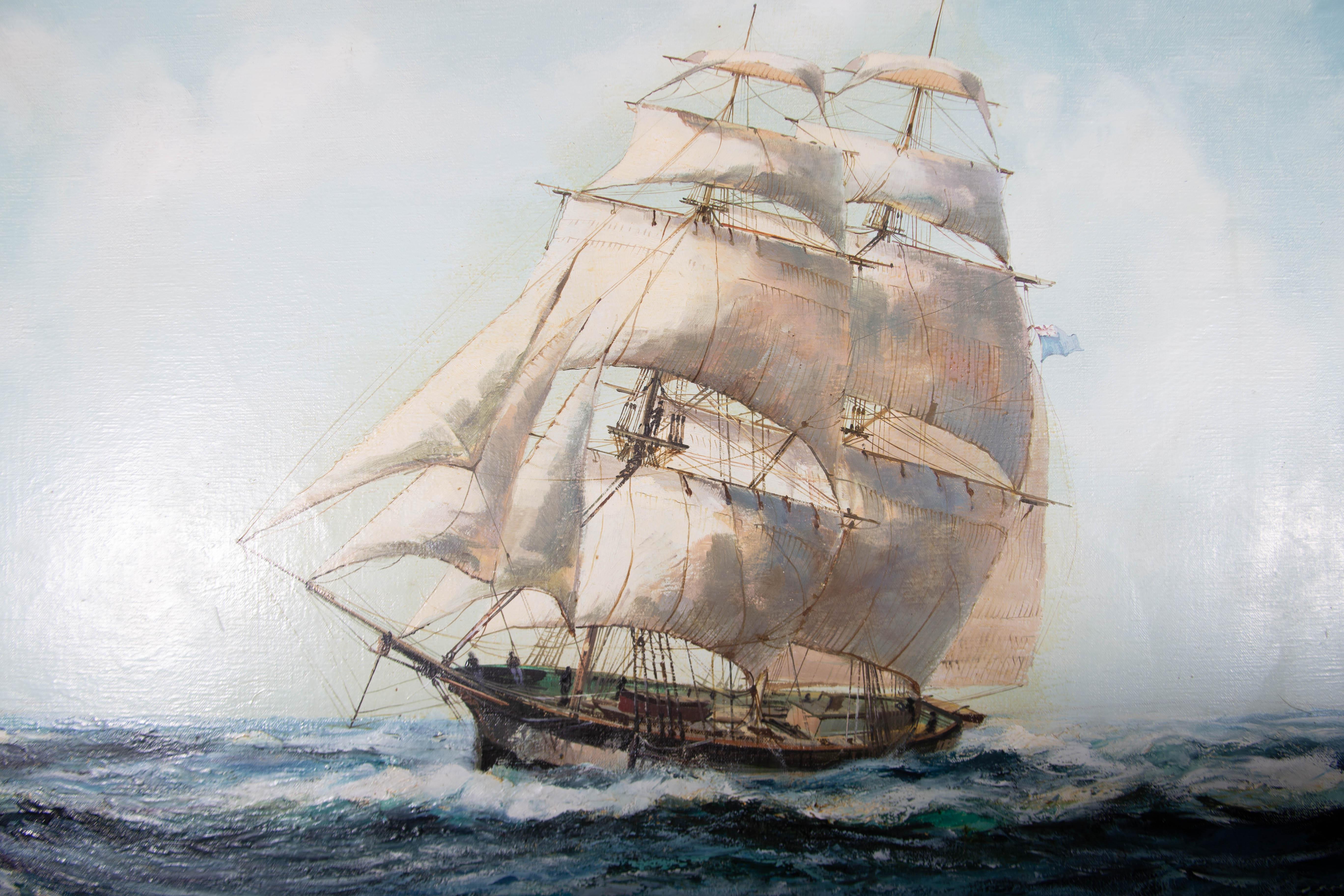 A fine nautical seascape showing an impressive schooner riding the choppy blue waters. The artist has signed to the lower left corner and the painting has been presented in a contemporary frame with a wide linen cove. On canvas.
