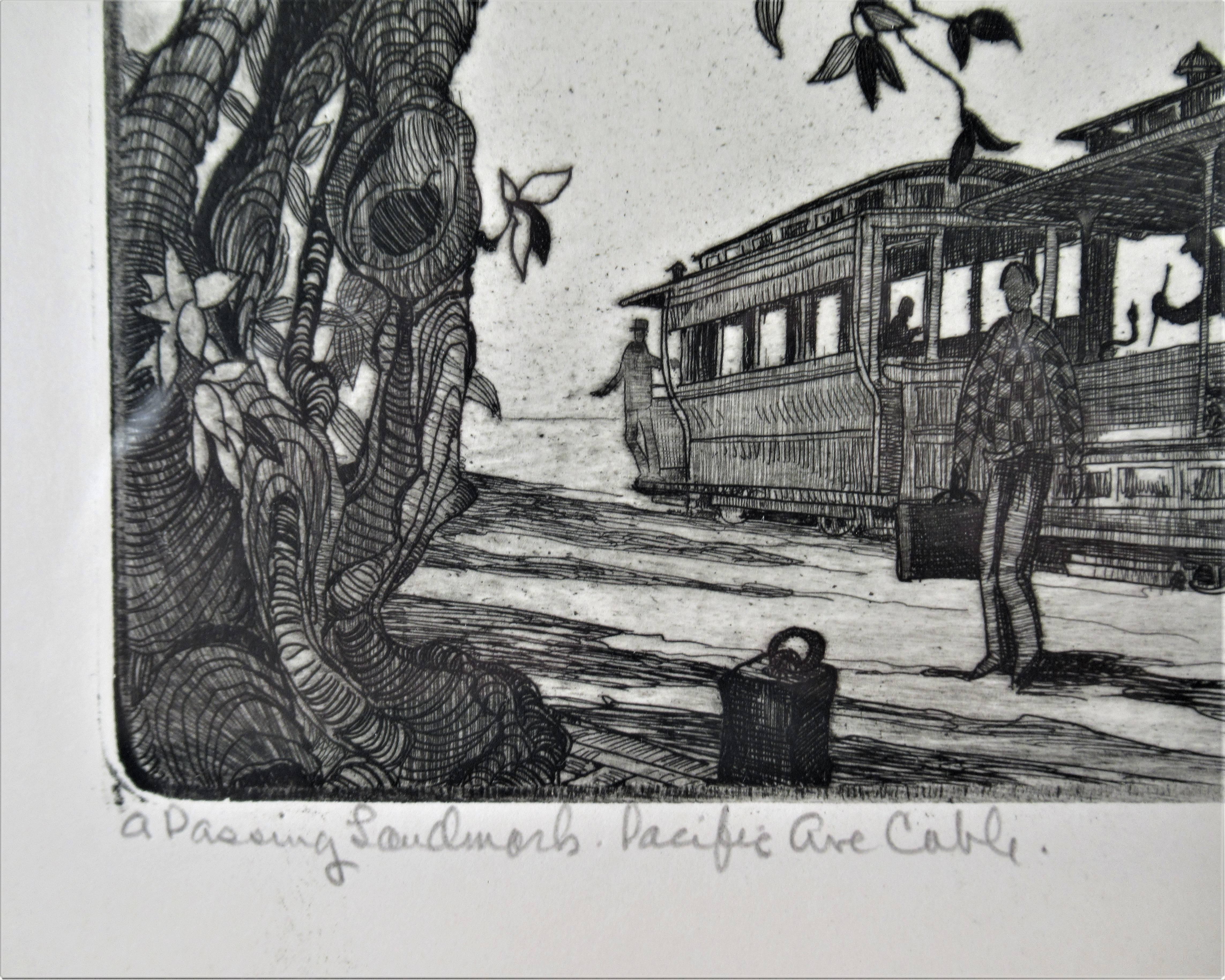 Passendes Wahrzeichen - Kabel der Pacific Avenue (Braun), Figurative Print, von James Blanding Sloan