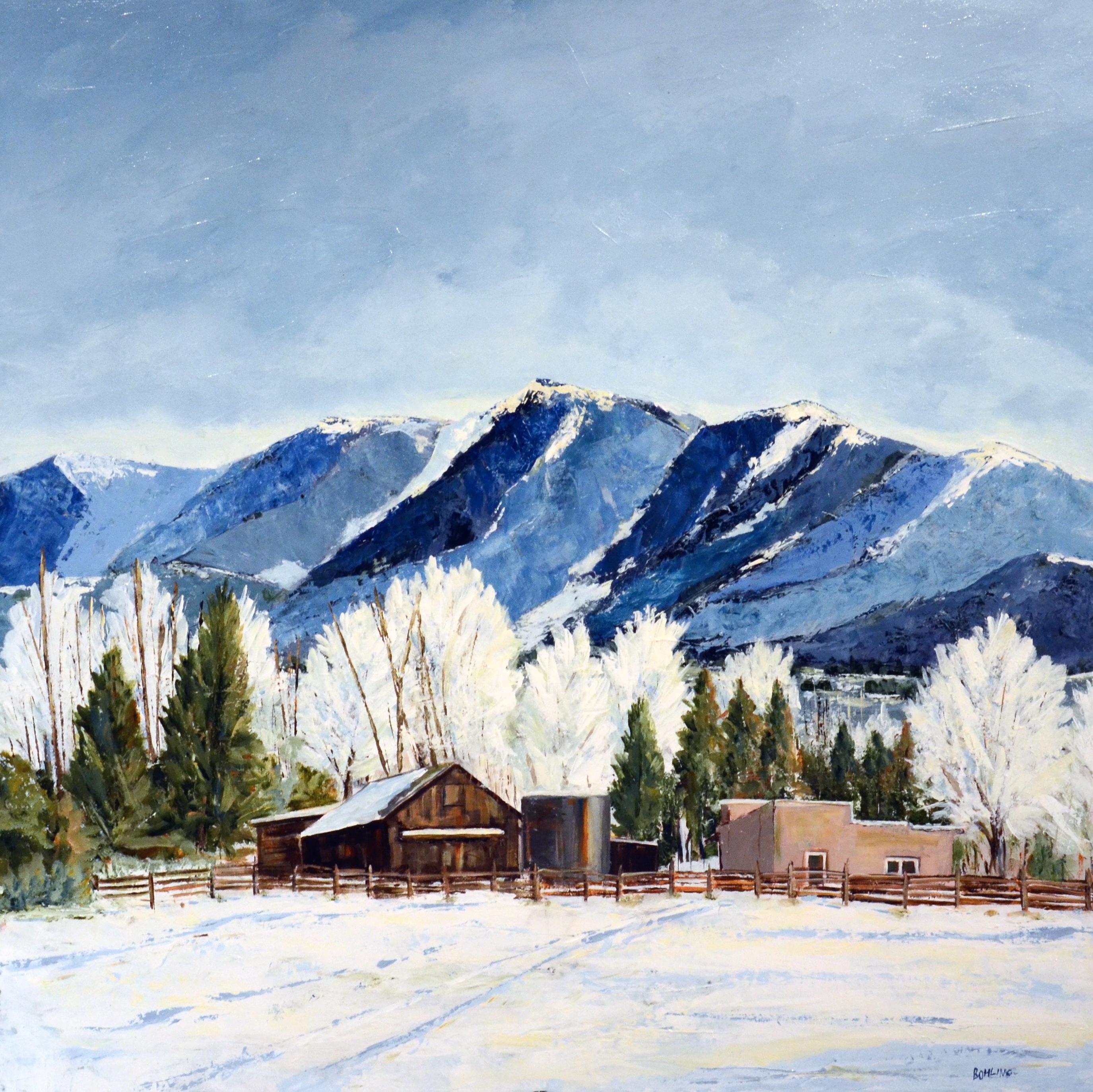 James Bohling Landscape Painting - Mid-Morning in Taos (winter landscape, buildings, mountains, snow)