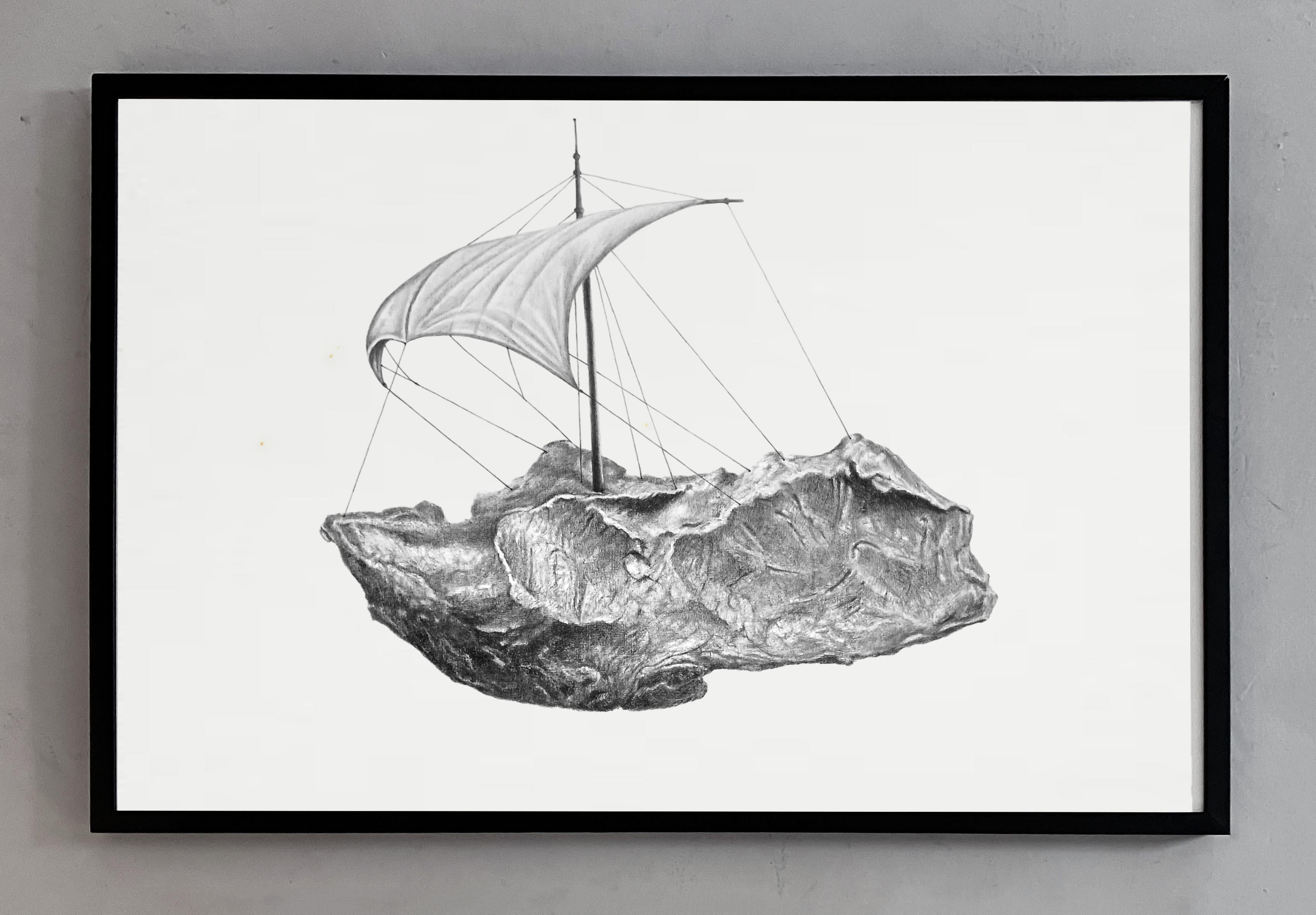 Abstract Painting di James Bonachea Guerra - Meteorito impulsato dal vento. Incorniciato. Dalla serie Il paradiso di Platone