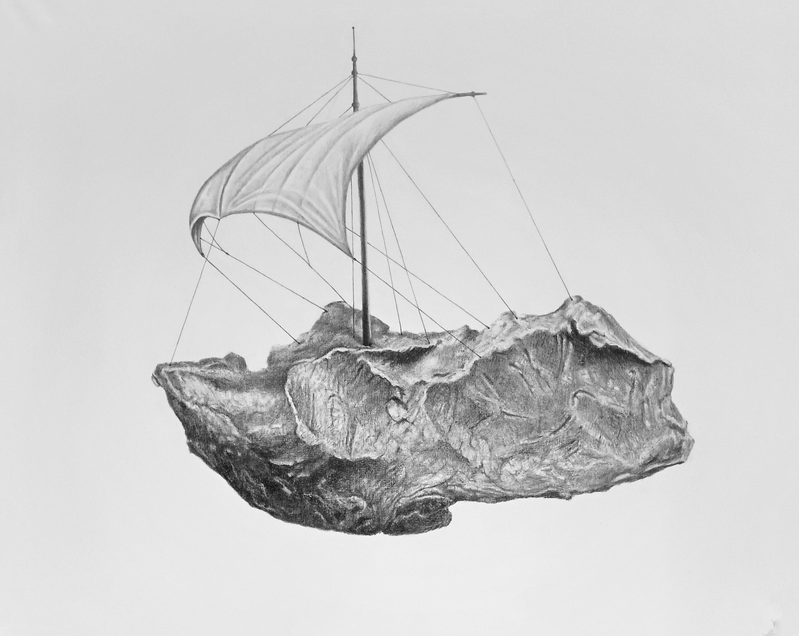 Meteorito impulsato dal vento. Incorniciato. Dalla serie Il paradiso di Platone - Painting di James Bonachea Guerra