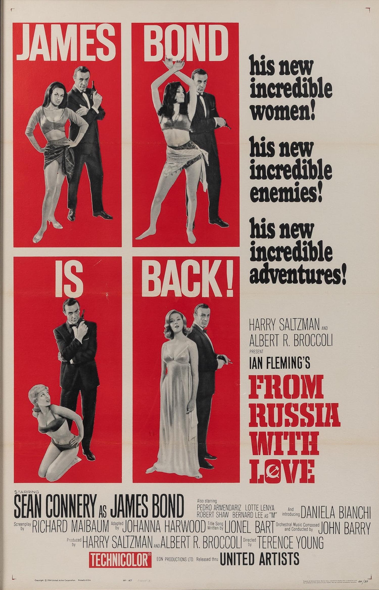 Viene presentata una locandina originale d'epoca del thriller spionistico Dalla Russia con amore, il secondo capitolo della serie di film di James Bond. Diretto da Terence Young e prodotto da Eon Productions, il film ha come protagonista Sean