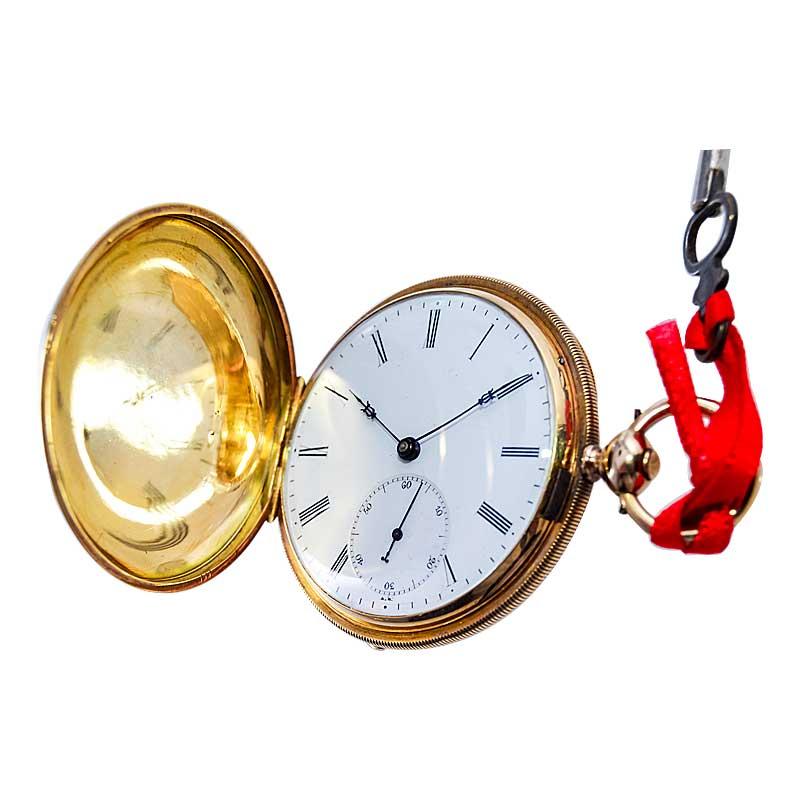 FACTORY / HOUSE: James Bonnet
STYLE / REFERENCE: Hunters Case Pocket Watch
METAL / MATERIAL: 18Kt. Yellow Gold
CIRCA: 1850's
DIMENSIONS: Diameter 44mm 
MOVEMENT / CALIBER: Winding / 15 Jewels 
DIAL / HANDS: Kiln Fired Enamel with Roman Numerals /