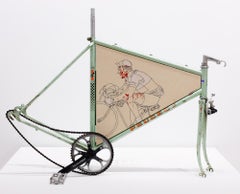 "Until the Wheels Fall Off" Figurative painting and found object assemblage