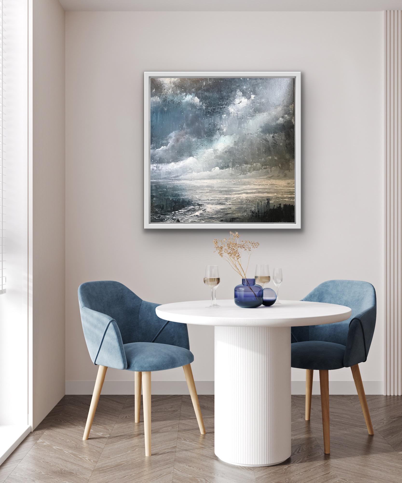Darkness at the Coast contemporary seascape painting with grey , blue and white - Painting by James Bonstow