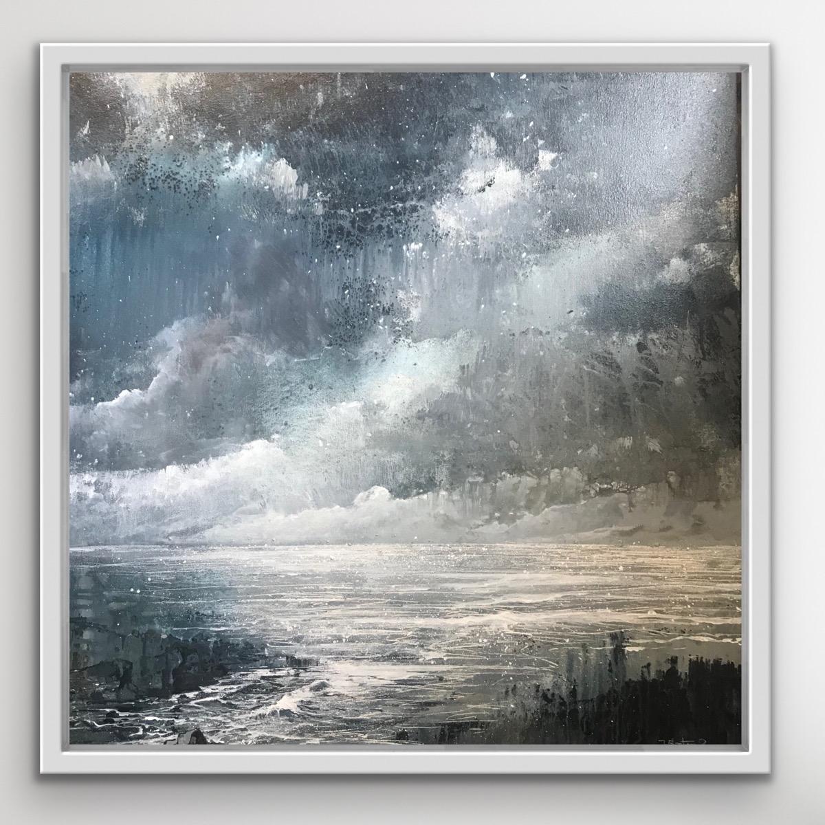 Darkness at the Coast contemporary seascape painting with grey , blue and white - Contemporary Painting by James Bonstow