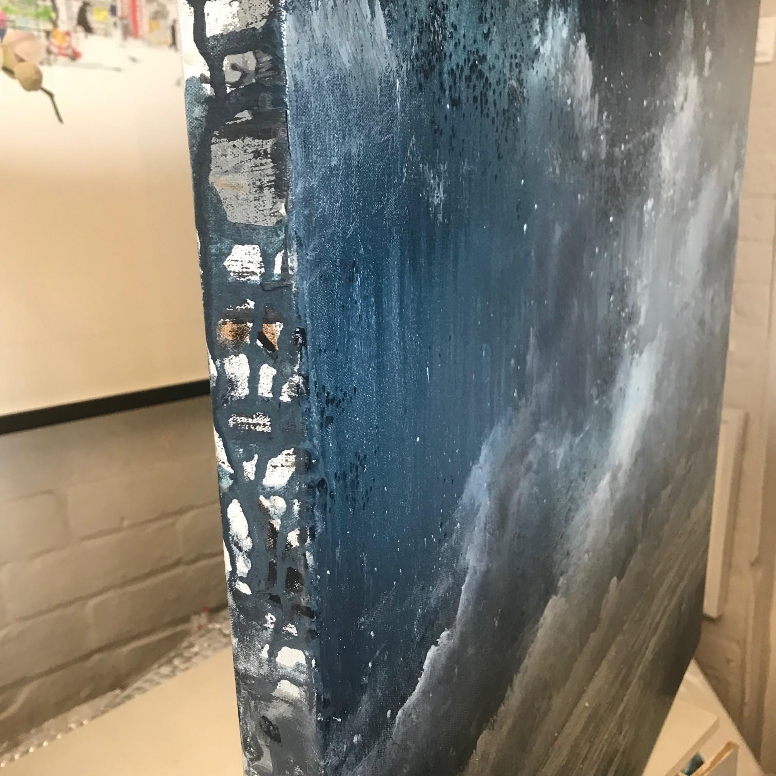 Darkness at the Coast contemporary seascape painting with grey , blue and white - Gray Abstract Painting by James Bonstow