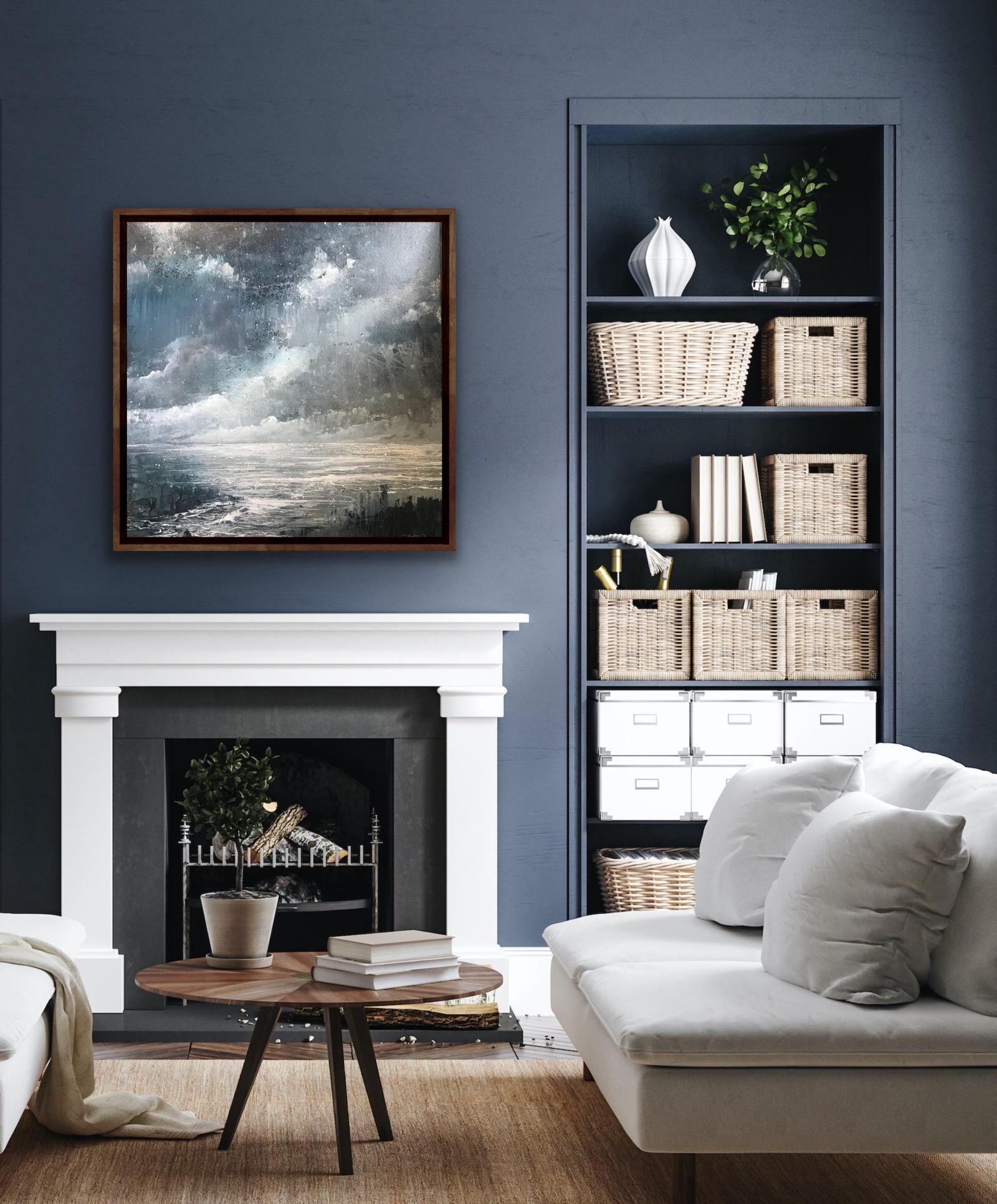 Darkness at the Coast contemporary seascape painting with grey , blue and white For Sale 3