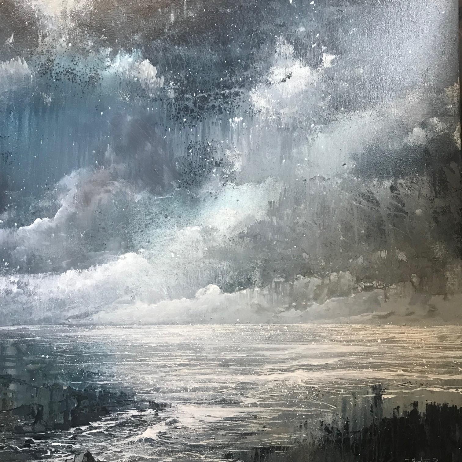James Bonstow Abstract Painting - Darkness at the Coast contemporary seascape painting with grey , blue and white