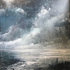 Peinture de paysage marin contemporain Darkness at the Coast avec gris, bleu et blanc