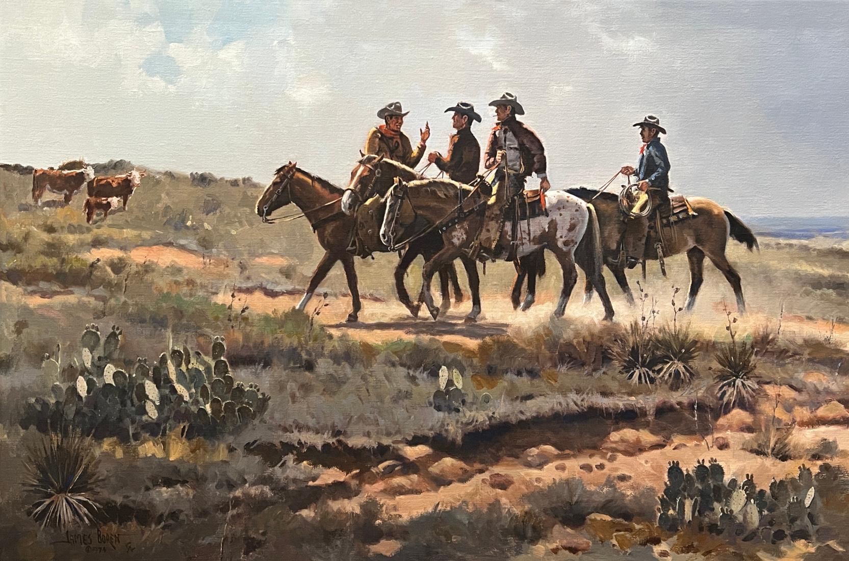 James Boren Animal Painting - "CAREFREE" WESTERN, COWBOYS, HORSES, CATTLE, PRICKLY PEAR CACTUS (1921-1990)