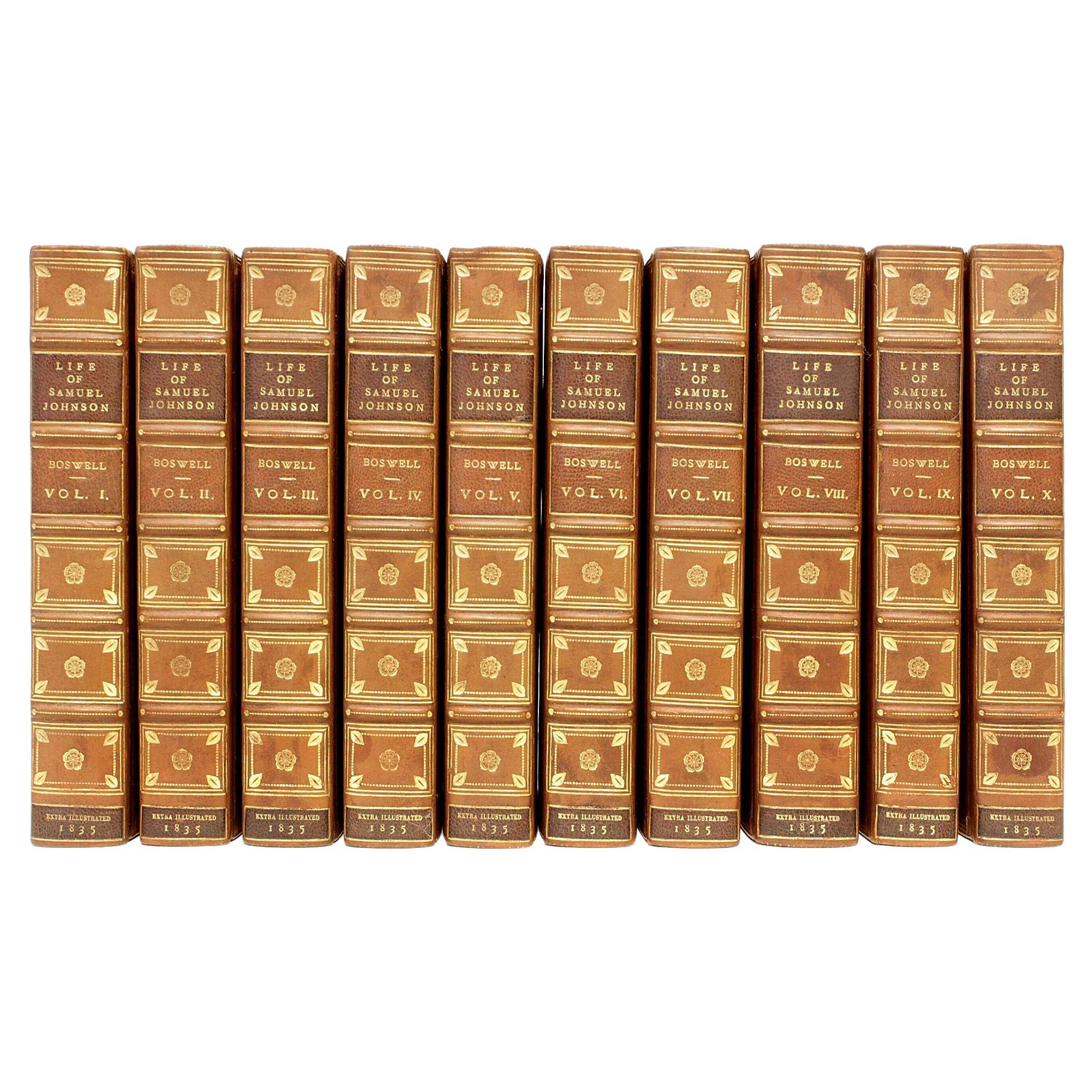 James Boswell, Life of Samuel Johnson, Extra Illustrated 10 Vols, reliure en cuir