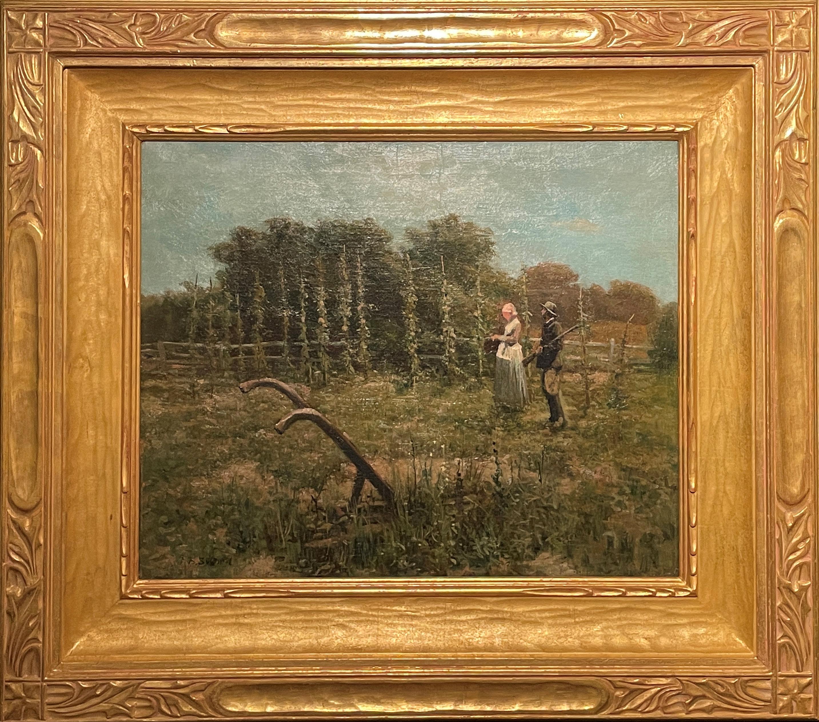 « Couple in the Field », épée de James Brade, chasseur sur paysage de ferme - Painting de James Brade Sword