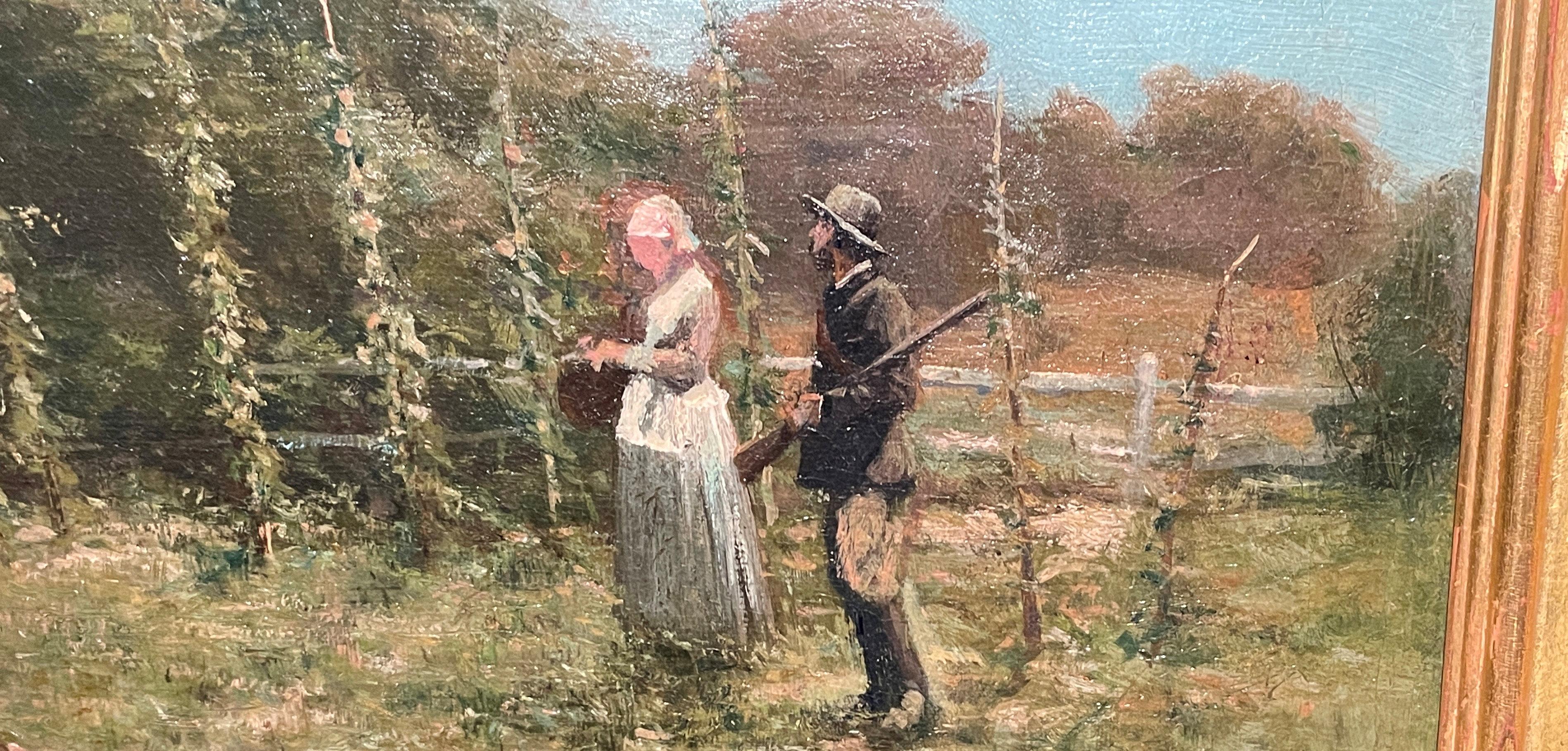 « Couple in the Field », épée de James Brade, chasseur sur paysage de ferme - Marron Landscape Painting par James Brade Sword