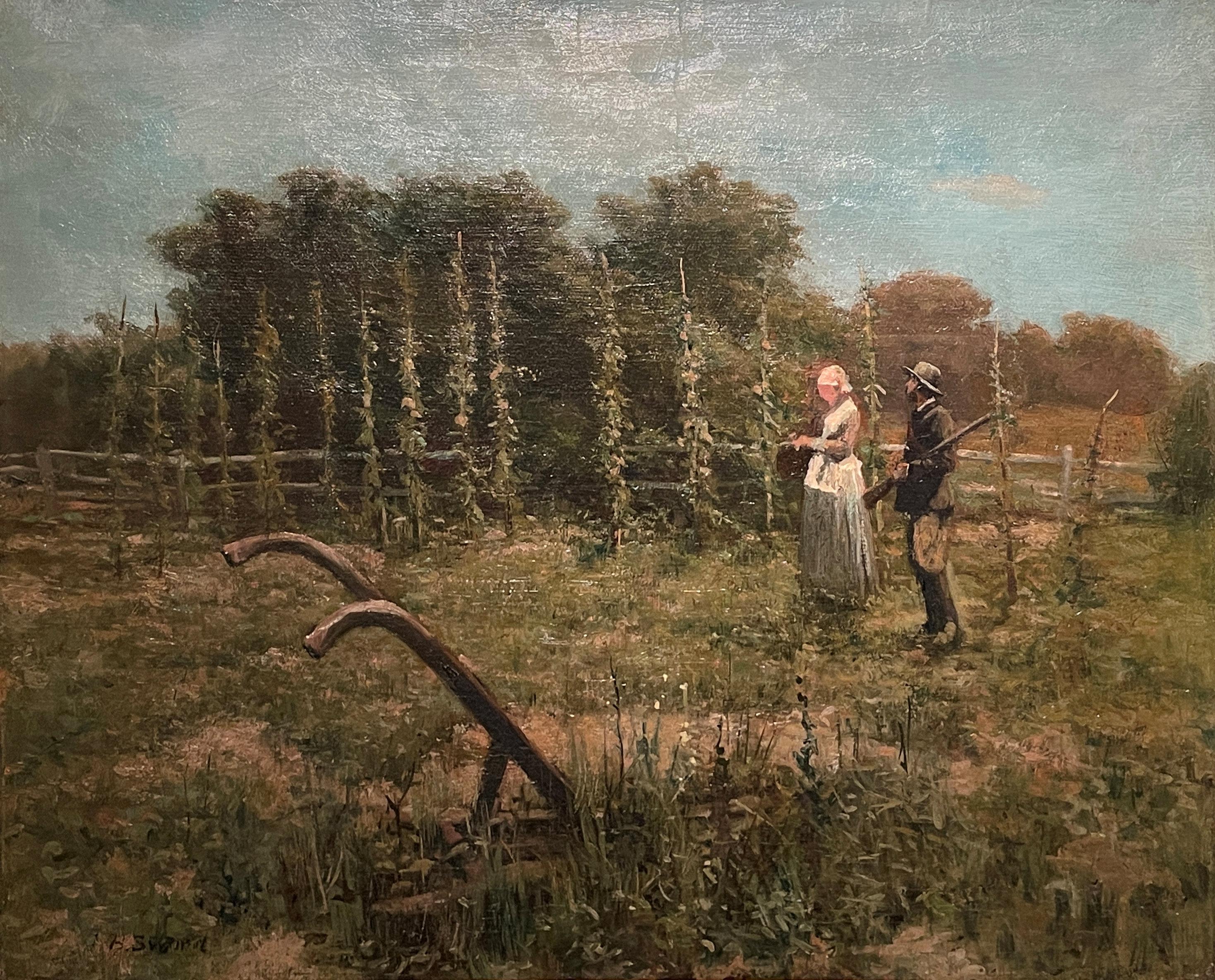 Landscape Painting James Brade Sword - « Couple in the Field », épée de James Brade, chasseur sur paysage de ferme
