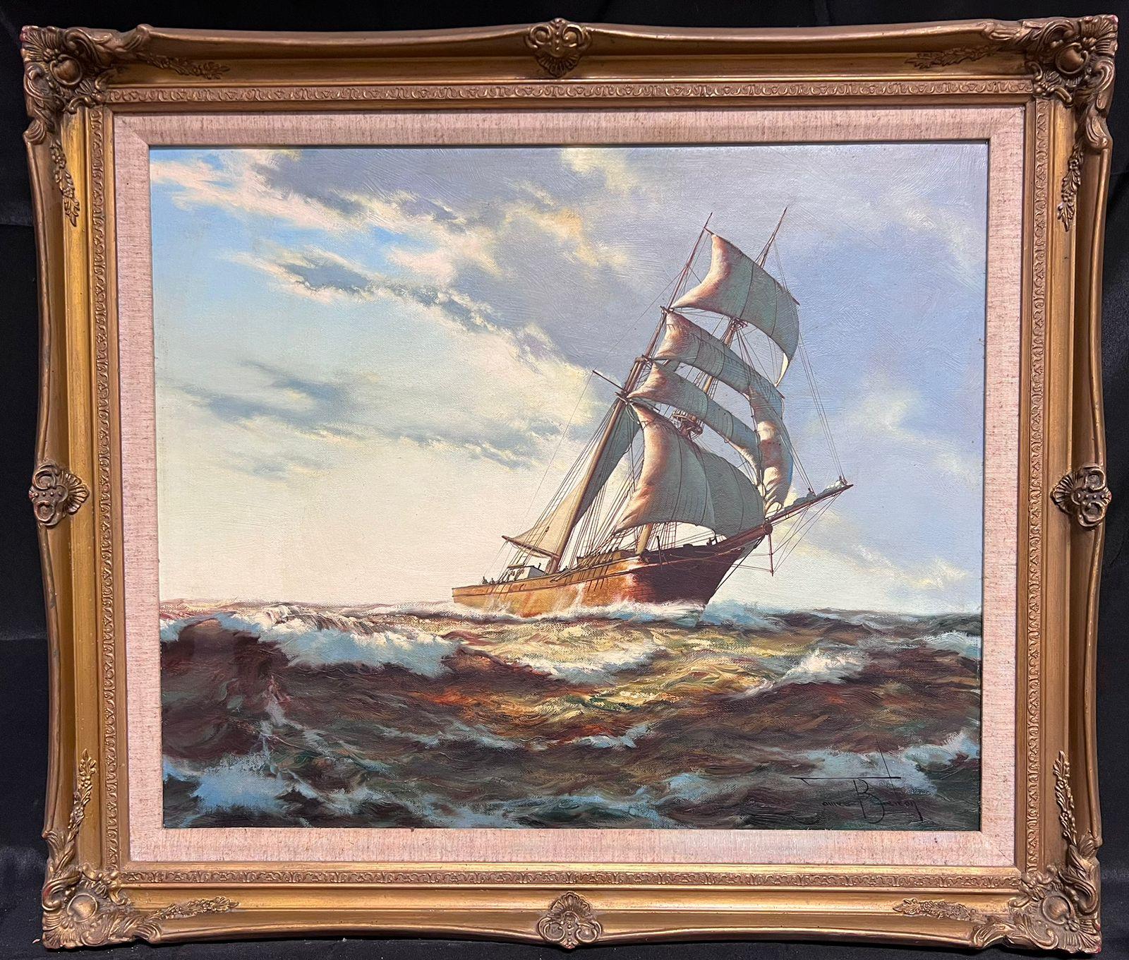 Classic Tall Sailing Ship on High Seas Sunrise Golden Dawn British Marine Oil - Painting by James Brereton