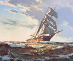 Classic Tall Sailing Ship on High Seas Sunrise Golden Dawn British Marine Oil 