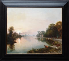 River Isis near Oxford at Twilight - British 19th century landscape oil painting